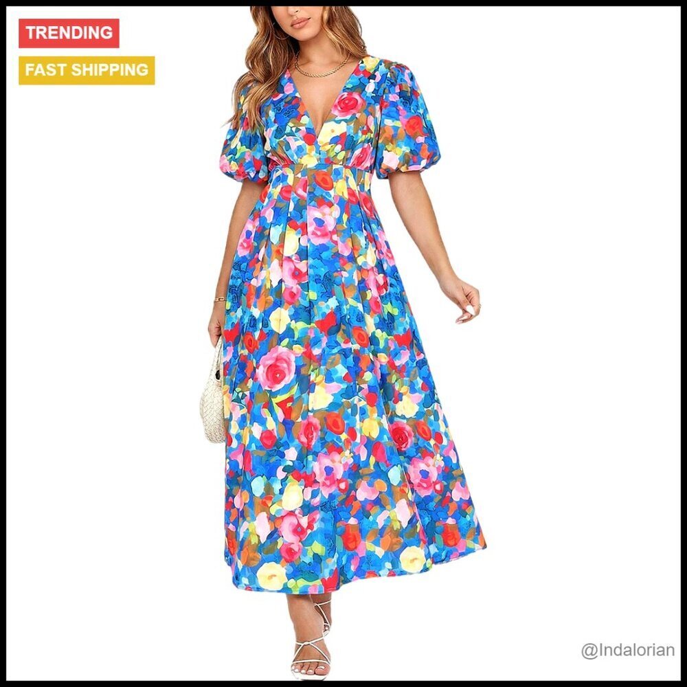 Floral Maxi Dress Elegant Wedding Guest Spring Summer Fit & Flare V-Neck